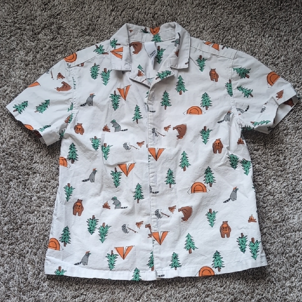 Harper Canyon Kids Button Down Shirt - White with Green and Orange Print